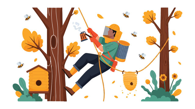 Apiculture Adventure: A skilled apiarist in protective gear ascends a tree with expertise, tending to a beehive amidst a flurry of buzzing bees.