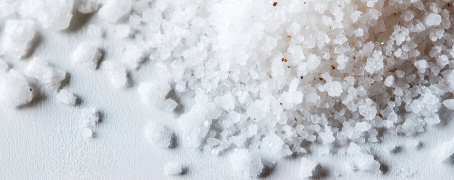 Close up macro view of coarse sea salt crystals scattered across  bright surface