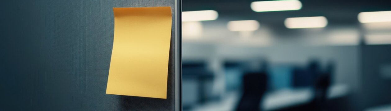 Blank yellow sticky note attached to  dark blue office cubicle partition with blurred interior