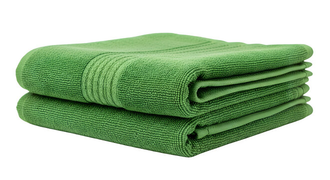 A neatly folded stack of green towels on a transparent background