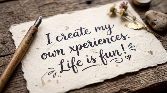 Handwritten inspirational quote about creating own experiences and life being fun.
