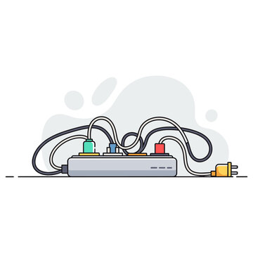Power strip with tangled cables plugged into electrical outlet. non editable strokes