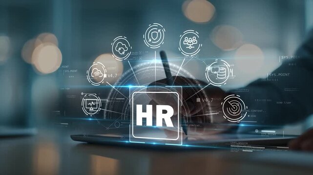 Businessman using tablet in modern environment. HR icon and multiple icons like cloud, protection and teamwork, representing workforce management, digital HR systems and connected business solutions.