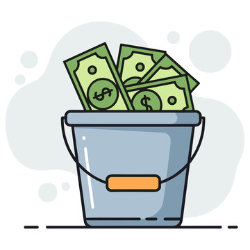 Bucket filled with cash bills representing savings or earnings. non editable strokes