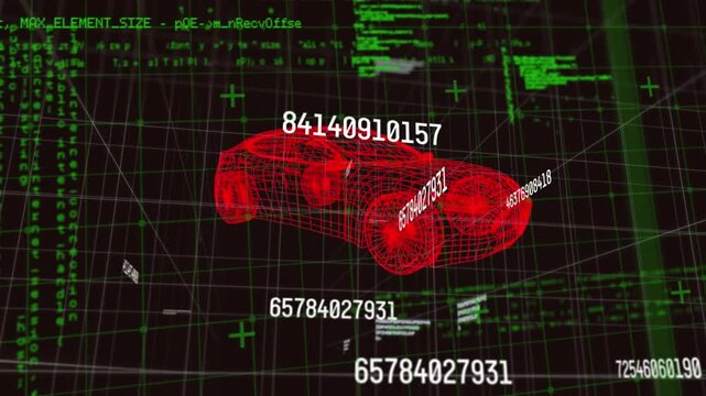 Animation of data processing over grid network and multiple changing numbers against 3d car model