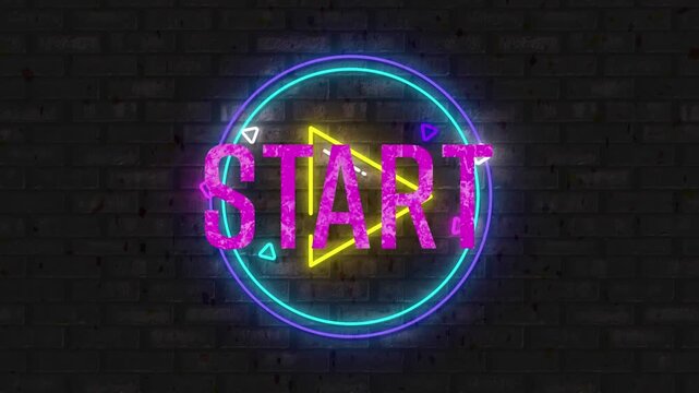 Animation of pink start text banner over neon paly icon against grey brick wall
