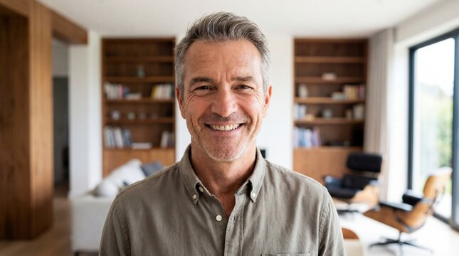 Smiling older mature 50 years old handsome man looking at camera posing in modern house living room. Happy confident middle aged senior man standing at home. Close up face portrait