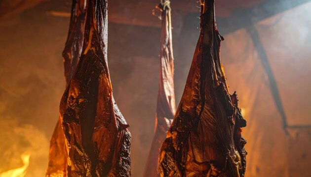 Roasted carcasses hanging over fire, traditional cooking method.