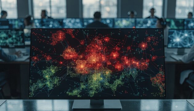 Closeup on a central monitor in AI trade surveillance center highlighting crypto derivatives anomalies with data streams in sharp focus and blurred background staff.