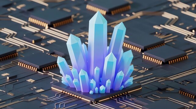 Glowing low poly crystal spires on motherboard &ndash; Suitable for silicon valley startups, computing power, or AI breakthroughs.