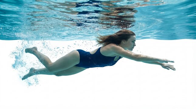 underwater view of a young beautiful woman swimming in the pool, isolated on white background