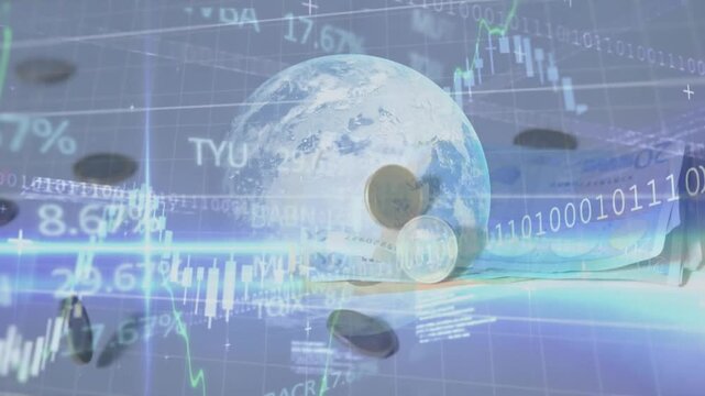 Animation of globe, binary coding and data processing over money