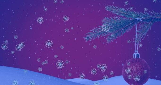 Animation of snowflakes over christmas tree with baubles on purple background
