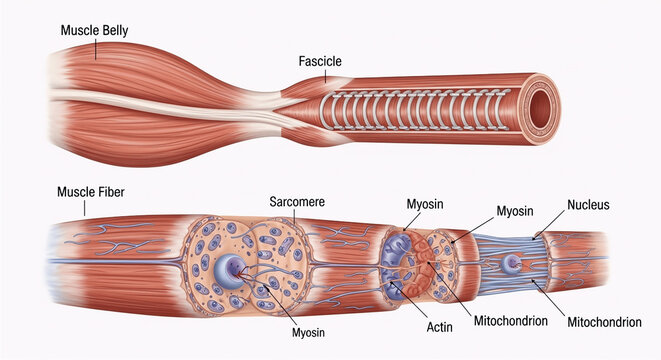 Illustration detailing skeletal muscle structure, from fascicle and muscle fiber to the microscopic sarcomere with actin and myosin filaments, for anatomy education