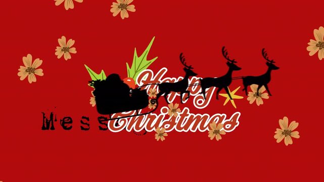 Animation of flowers icons over santa claus in sleigh pulled by reindeers over merry christmas text