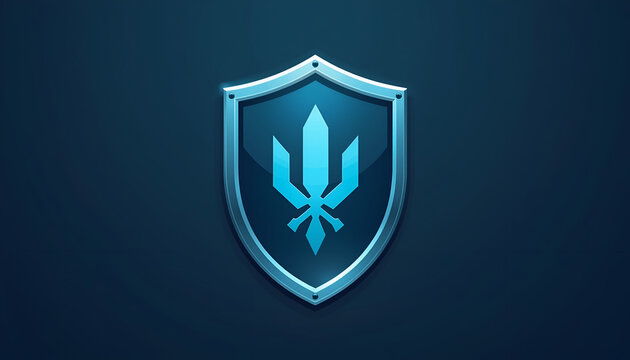 A blue shield with a sword emblem on a dark background