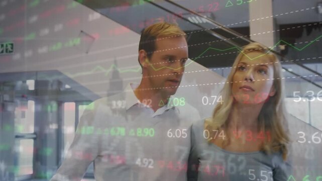 Animation of financial data processing over caucasian couple at airport