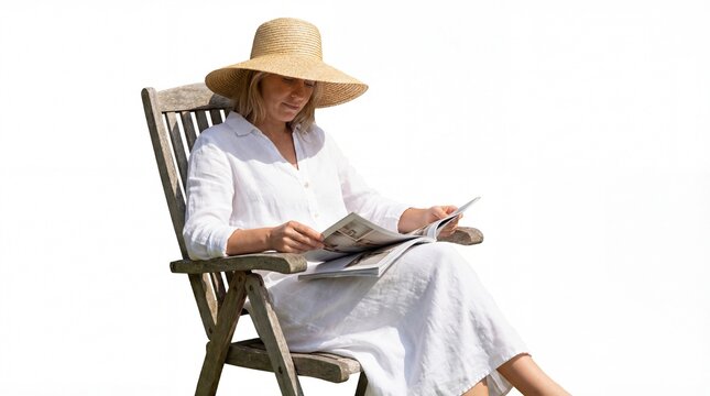  Woman in a white summer dress and wearing a hat sitting in a garden chair in the sun and reading a magazine, isolated on white background