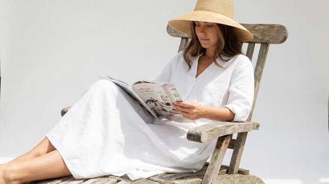  Woman in a white summer dress and wearing a hat sitting in a garden chair in the sun and reading a magazine, isolated on white background