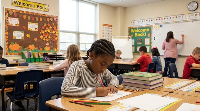 Young girl drawing in classroom during back to school season