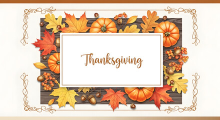 Fototapeta premium A festive thanksgiving greeting card design featuring pumpkins and autumn leaves on wooden boards
