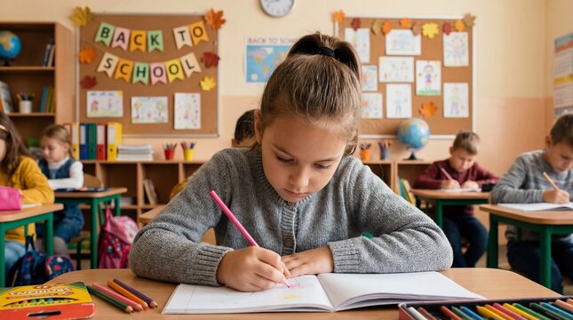 Young girl drawing in classroom during back to school season