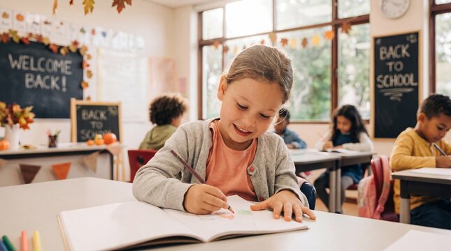 Young girl drawing in classroom during back to school season