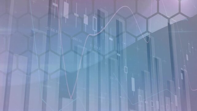 Animation of multiple graphs over hexagon window against clear sky