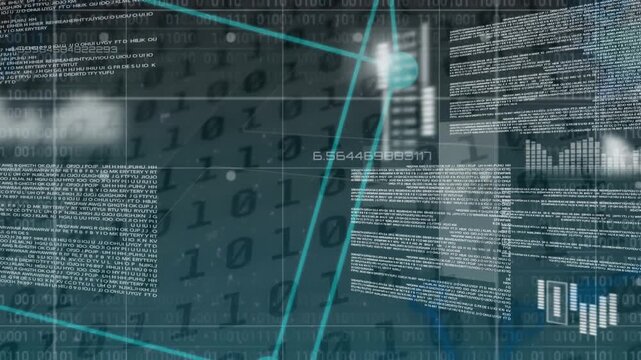 Animation of connected dots forming cube over computer language and binary codes on black background