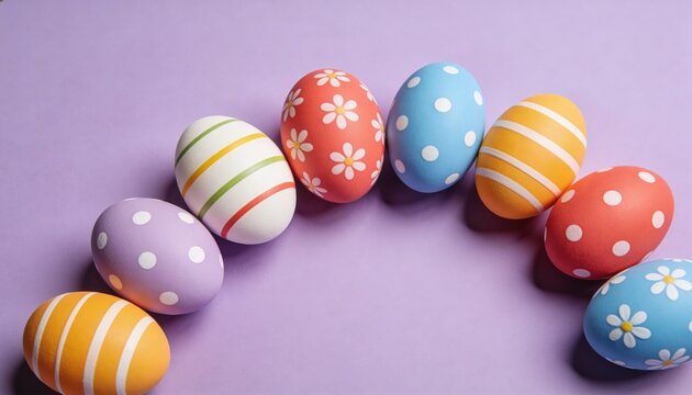 Resting eight hand-painted eggs forming curved row on pastel purple surface, showing soft shadows