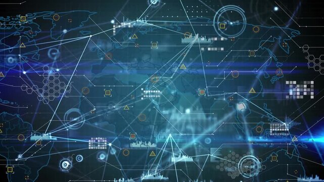 Animation of network of connections, data processing and light trails against world map