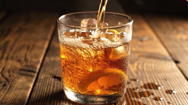 Whiskey is being poured into a glass filled with ice on a wooden table.
