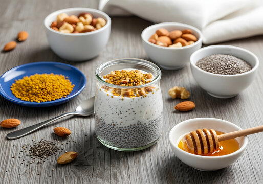 A glass jar filled with chia seed pudding topped with bee pollen and nuts on a wooden table with various bowls of nuts, seeds, and honey