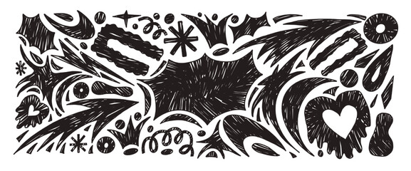 Fototapeta premium Bang text box and charcoal abstract geometric shapes background set. Geometry and organic freeform abstract naive hand drawn doodle figures. Linocut stars, arrows, heart shape. Vector illustration.