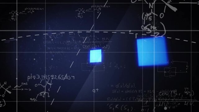 Mathematical equations and blue squares over dark background with grid lines