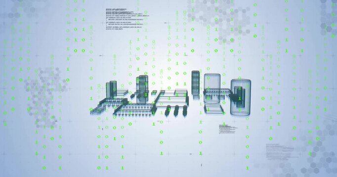 Falling binary code driving wireframe modules lifting, clustering then spinning grid for data flow