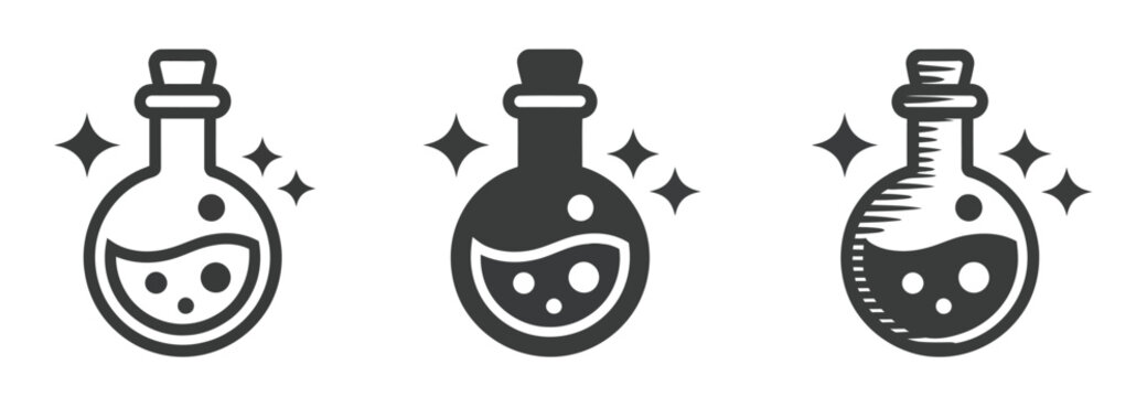 Magic potion bottle icon set, flat, solid, and doodle-style elixir flask icons with sparkles, isolated on white background for wizardry, RPG, and mystical themed creative designs.