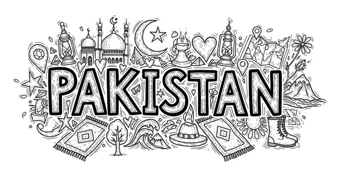 Cultural symbols of pakistan: mosques, lanterns, crescent moon, rugs, and mountains in doodle art