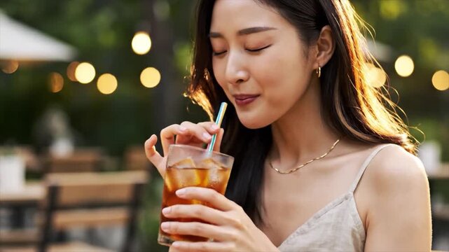Woman enjoys refreshing drink on a sunny outdoor patio at restaurant