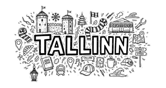 Doodle art of tallinn landmarks and icons with winter elements