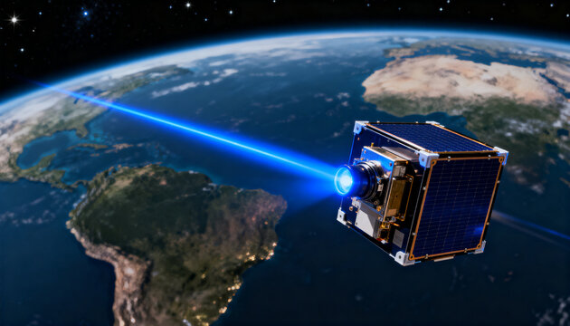 Firing CubeSat with solar panels projecting blue laser over South America, city lights, copy space
