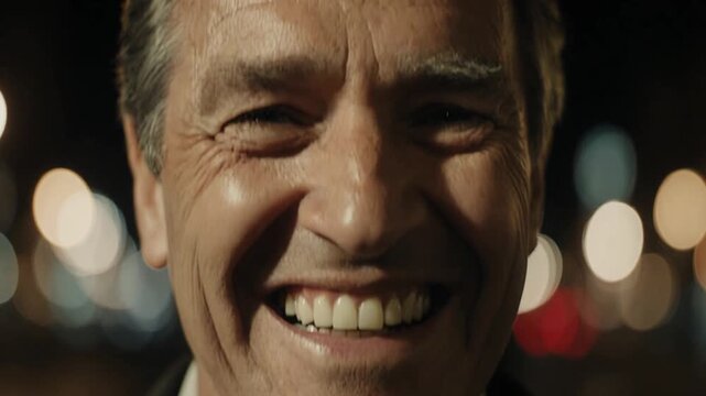  Pessoa rindo para a c&acirc;mera com uma cidade ao fundo.

