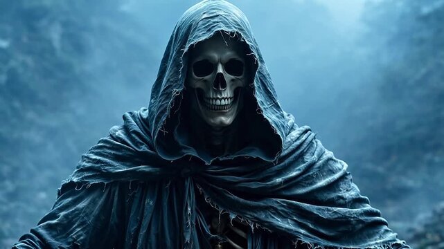 Skull figure in hooded cloak