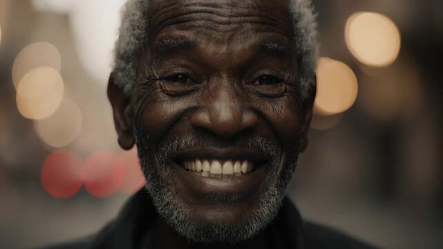  Pessoa rindo para a c&acirc;mera com uma cidade ao fundo.

