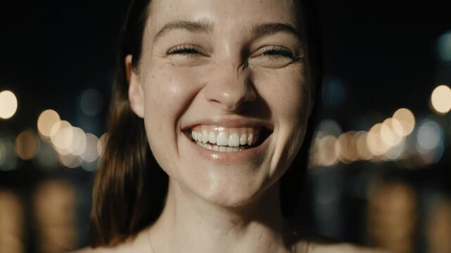  Pessoa rindo para a c&acirc;mera com uma cidade ao fundo.

