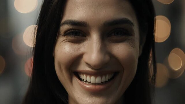  Pessoa rindo para a c&acirc;mera com uma cidade ao fundo.

