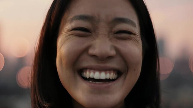  Pessoa rindo para a c&acirc;mera com uma cidade ao fundo.

