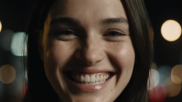  Pessoa rindo para a c&acirc;mera com uma cidade ao fundo.

