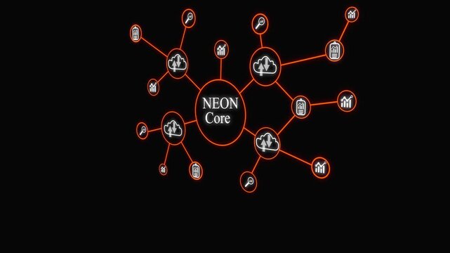 Neom core Network Technology with Data Analytics and Digital Connection Concept on black background 4k animation.