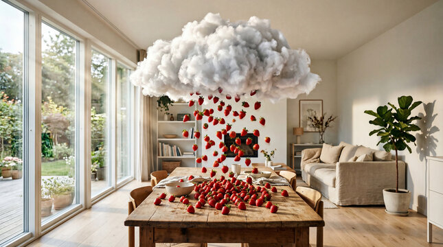 Surreale wei&szlig;e Wolke in lichtdurchflutetem Wohnzimmer regnet Obst auf einen Holztisch, verspieltes und kreatives Konzept-Design in Hyper-Realismus.